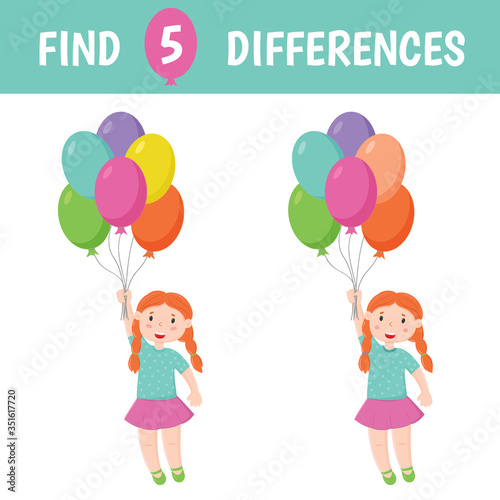 Find the differences. Red-haired girl with balloons. Children s game of mindfulness. Vector illustration.