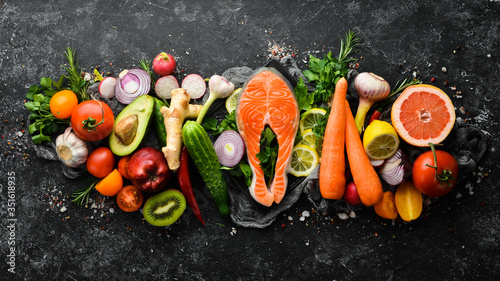 Healthy food menu  fish meat  vegetables and fruits. Diet menu.