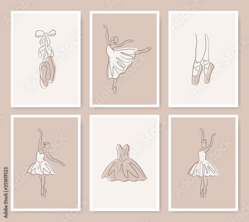 Ballet greeting cards set. Elegant hand-drawn art line icons of ballerina, pointe shoe and dress. Linear brush sketch with shadow silhouettes. Contour drawing composition. 