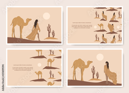 Abstract desert background set of asian girls  camel  cactus and moon icon. Oriental flyer illustration in minimalistic style. Outdoor landscape booklet with text. Vector travel brochure.