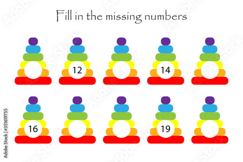 Game with pyramids for children, fill in the missing numbers, easy level, education game for kids, school worksheet activity, task for the development of logical thinking, vector illustration