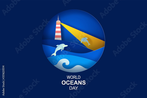 Paper art and cut concept of World Oceans Day. Celebration dedicated to help protect sea and conserve water ecosystem. origami craft paper of sea waves.Lighthouse with dolphins jumping happy in sea.