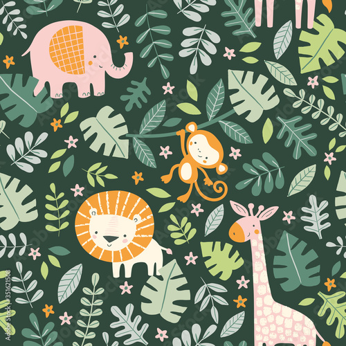 Cute jungle animals and leaves seamless pattern. Summer children vector background illustration. Tropical rainforest foliage. 