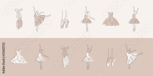 Ballet line icons. Elegant beige hand-drawn art shapes of ballerina, pointe shoe and dress. Linear brush sketch with shadow silhouettes. Pastel contour drawing templates. Outline theater symbols. photo