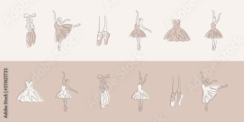 Ballet line icons. Elegant beige hand-drawn art shapes of ballerina, pointe shoe and dress. Linear brush sketch with shadow silhouettes. Pastel contour drawing templates. Outline theater symbols.