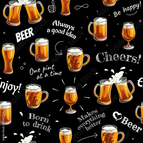 Seamless pattern with beer glasses and texts. Mugs and glasses for toast with light beer on black background. 