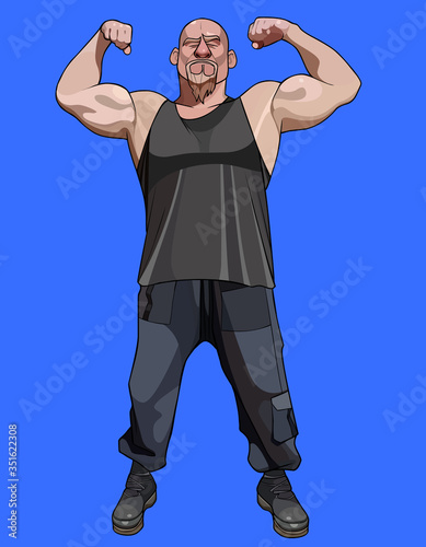 cartoon man with a beard posing and strongly straining biceps