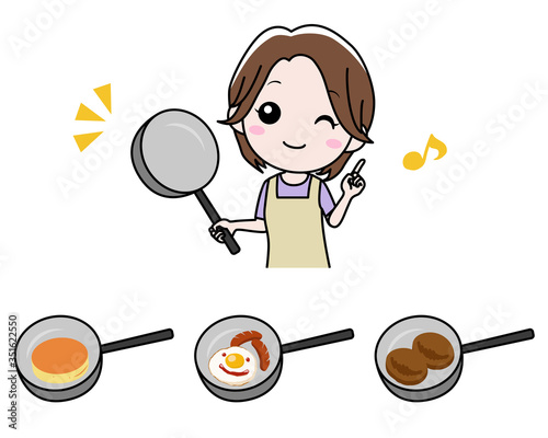 フライパンを持つ女性とホットケーキと目玉焼きとハンバーグ