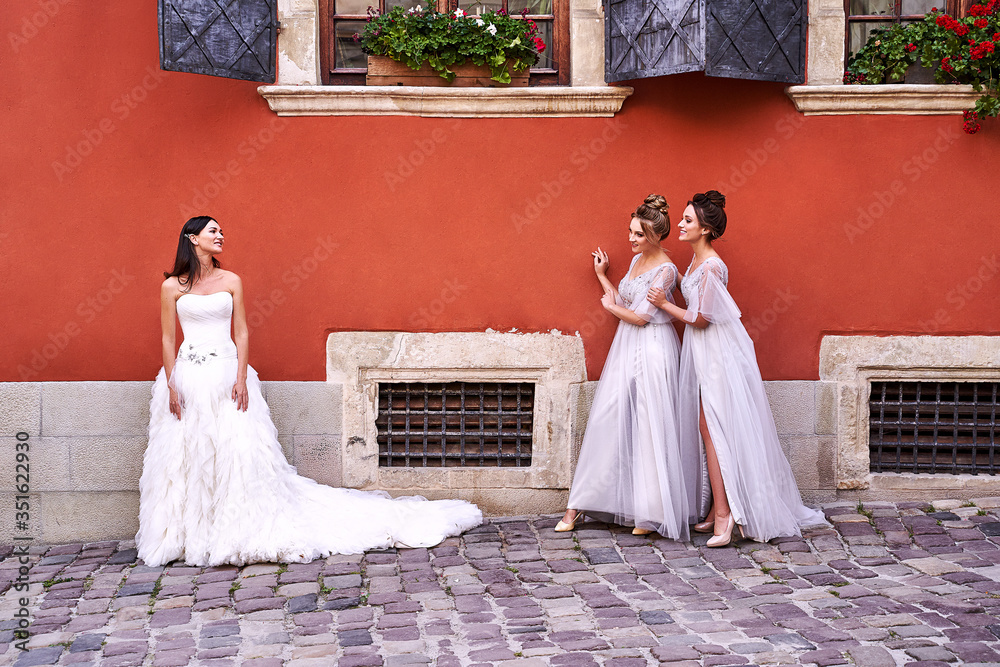 Beautiful bride and bridesmaids in gorgeous elegant stylish light grey silver floor length dresses in old beautiful European city having fun on a wedding day.