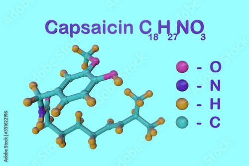Принти на полотні Structural chemical formula and molecular model of capsaicin the compound found in peppers that gives them spicy kick