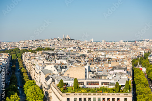 Aerial view of the old town of Paris, from the top of the Arc de Triomphe at the Champs-Elysees Avenue in Paris, France © zz3701