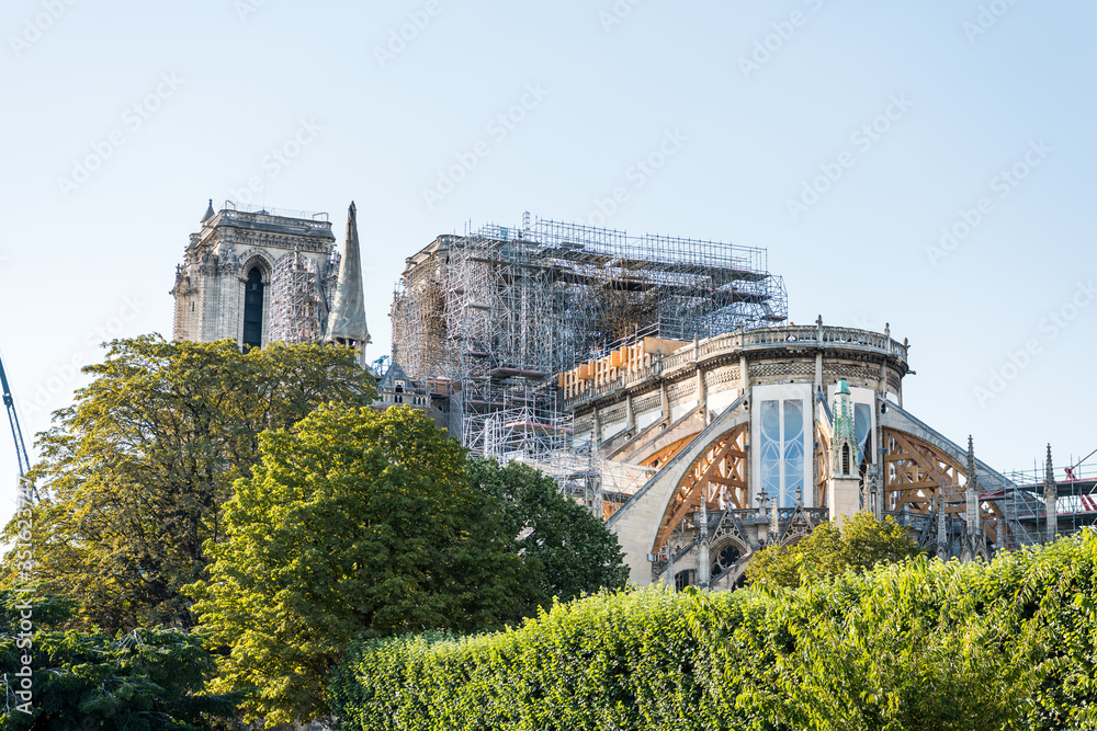 Reconstruction of Notre-Dame de Paris after the big fire, a medieval Catholic cathedral on the Ile de la Cite in the 4th arrondissement of Paris, France.