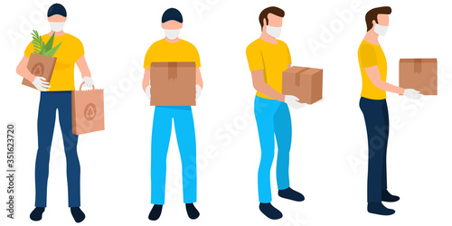 Delivery food safe during coronavirus pandemic. Quarantine epidemic, Safe contact delivery to home. Courier protected medical mask and gloves.