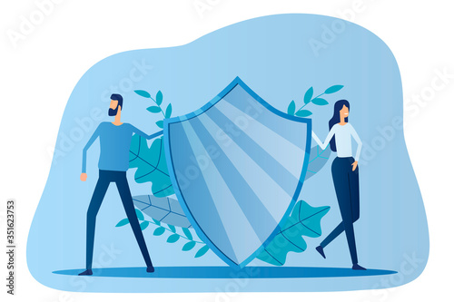 A man and a woman hold a shield.Concept of data protection and insurance.Flat vector illustration.