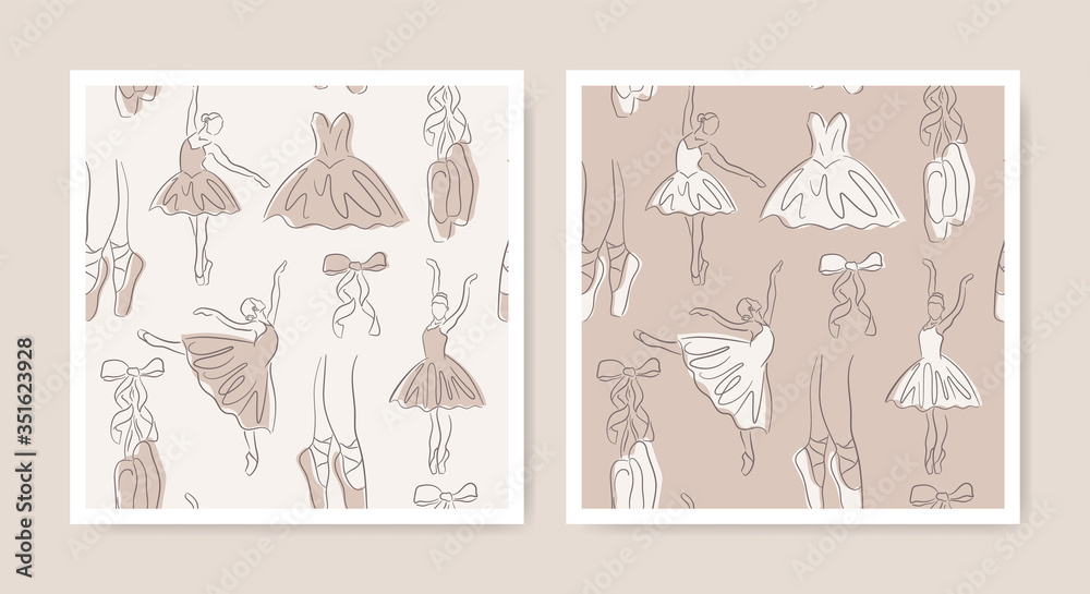 Ballet outline seamless patterns set. Hand-drawn art line icons of ballerina, pointe shoe and dress. Linear brush sketch texture with shadow silhouettes. Contour drawing theater wallpaper design.