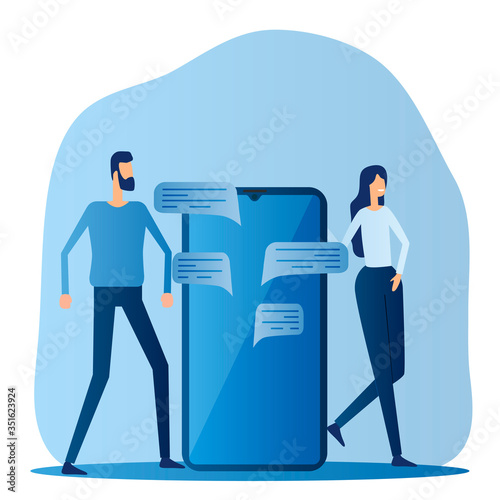 A man and a woman near a large smartphone. The concept of social networks , online communication and virtual Dating.Flat vector illustration.