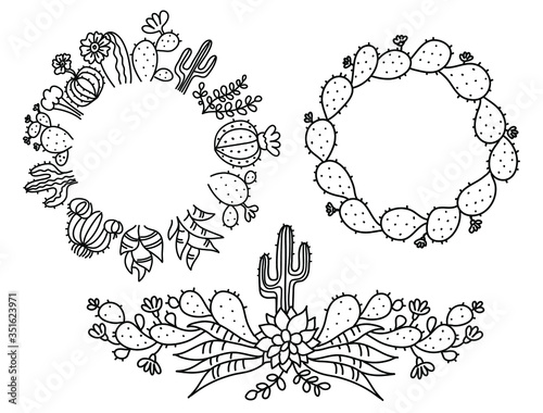 Cactus Floral Frame. Set Hand drawn outline cactus with flowers. Vector color set cacti, aloe and succulent Collection of exotic plants hand drawn black illustration isolated on white