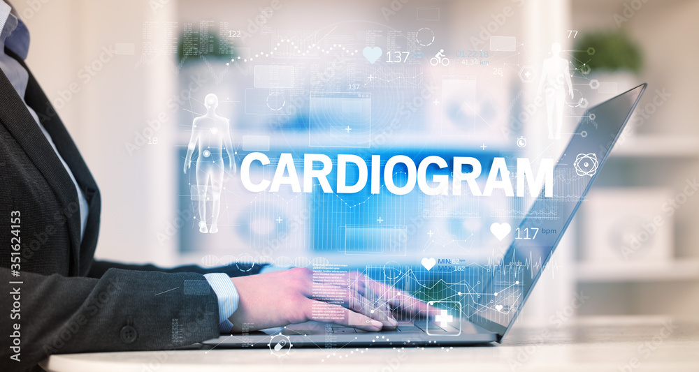 Doctor working a health check with CARDIOGRAM inscription, recording medical test results Doctor working a health check with CARDIOGRAM inscription, recording medical test results