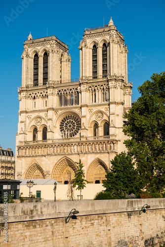 Tower of the Notre-Dame de Paris after the big fire, a medieval Catholic cathedral on the Île de la Cité in the 4th arrondissement of Paris.