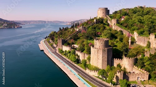 Rumelihisari also known as Bogazkesen Castle and Roumeli Hissar Castle or Rumelian Castle From Istanbul Bosphorus. Aerail View.