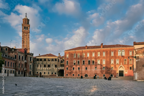 Campo San Anzolo and the bell tower of the St, Stephan Church. Venice, Italy
