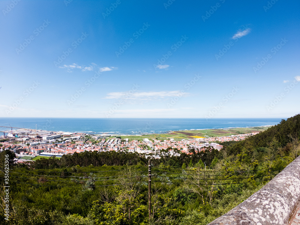 The view from the top of the Santa Luzia hill. Aerial view of Viana do Castelo, the rugged coastline and Atlantic Ocean in Northern Portugal.