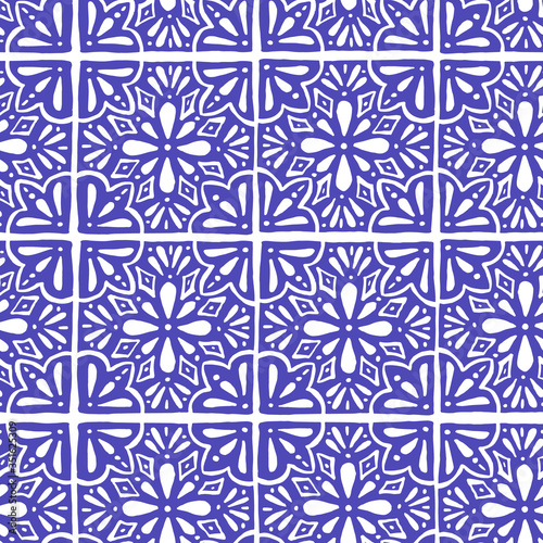 Vector Portuguese azulejo tiles. Blue and white hand drawn seamless pattern. For scrapbooking, wallpaper, web background. © Nespola Designs