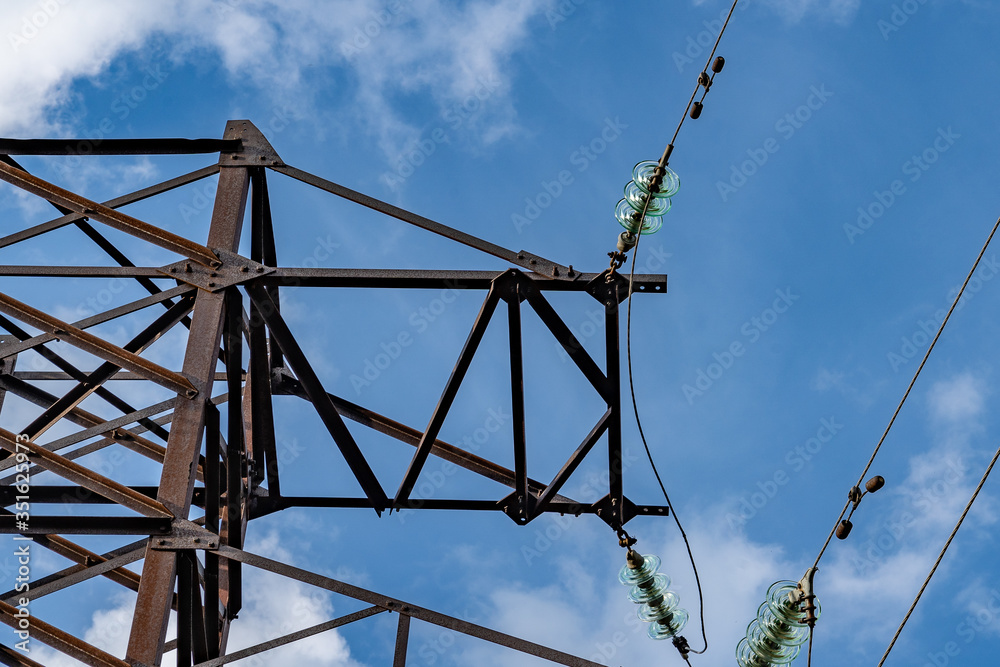 high voltage line support with wires and insulators