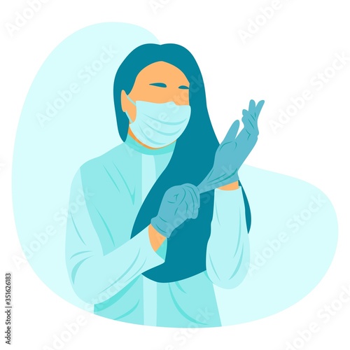Medical worker in blue gloves. Flat illustration on a white background.