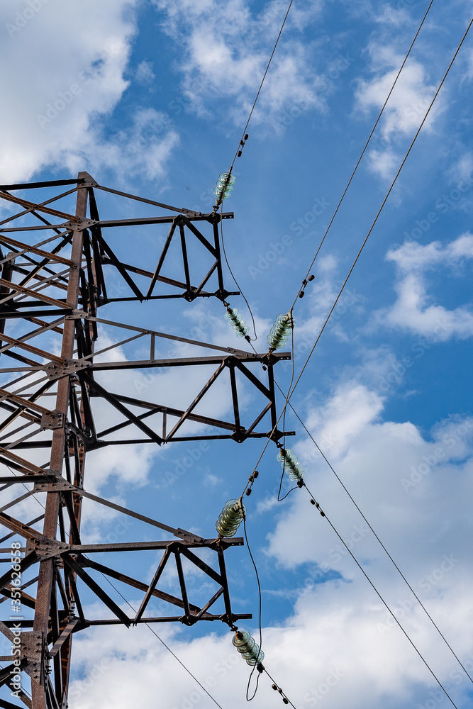 high voltage line support with wires and insulators