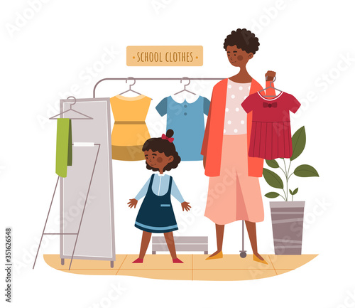 Black mother and daughter buying clothes trying them on in the store in front of a mirror, colored vector illustration
