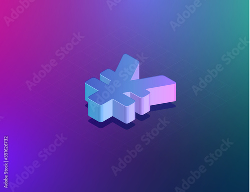 'THREE DEE' tech font yuan/jen sign character, isometric vector illustration