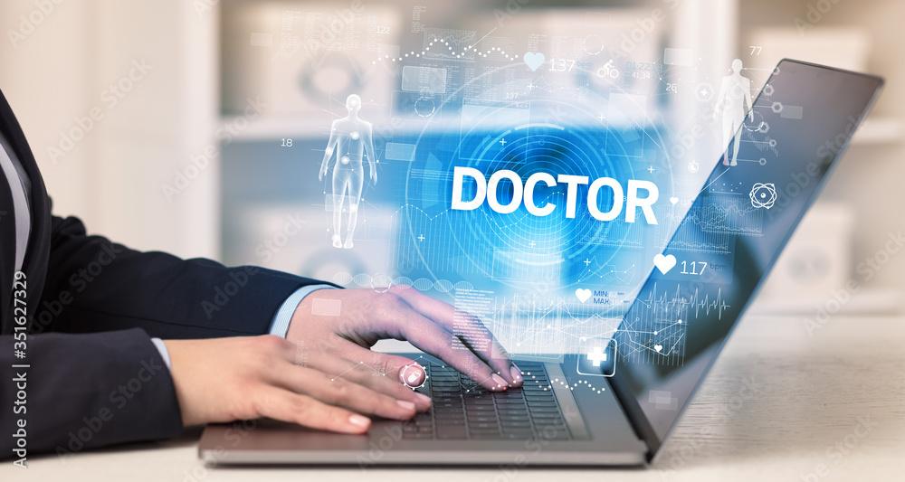 Doctor working a health check with DOCTOR inscription, recording medical test results Doctor working a health check with DOCTOR inscription, recording medical test results