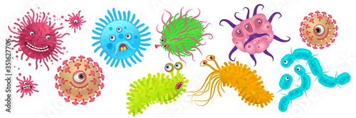 Set of cartoon virus cells of different shapes, types. Stock vector illustration.
