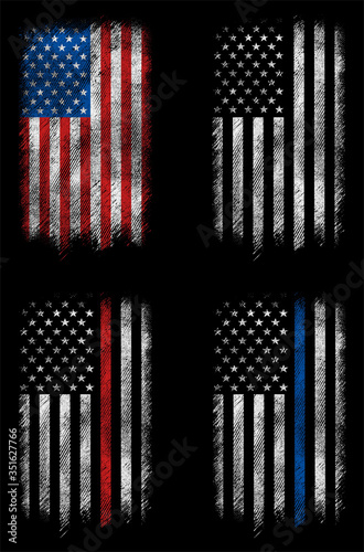 Grunge usa, police, firefighter flag set 2 vector design.