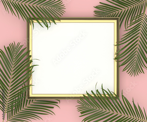 mockup of golden frame with blank copy space in a pink background with green tropical leaves in the borders, 3d illustration © arquiplay77