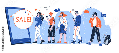 Sale and discount promotion in social media concept with people characters. People hurrying to buy goods. Consumers making haste forward to reach shopping sale. cartoon vector illustration.