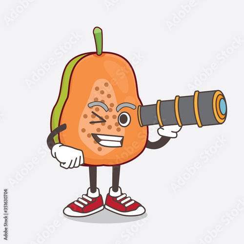 Papaya Fruit cartoon mascot character using a monocular
