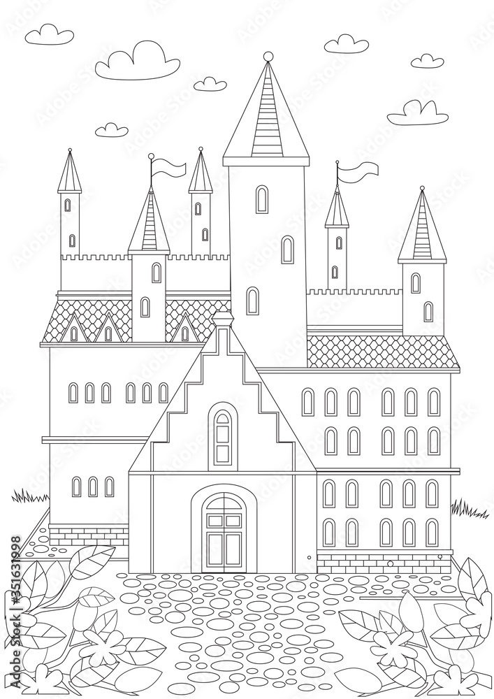 Coloring page with castle and towers for adults, outline vector stock illustration with a page house for printing in a coloring book for anti stress therapy