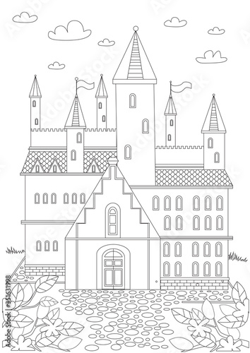 Coloring page with castle and towers for adults  outline vector stock illustration with a page house for printing in a coloring book for anti stress therapy