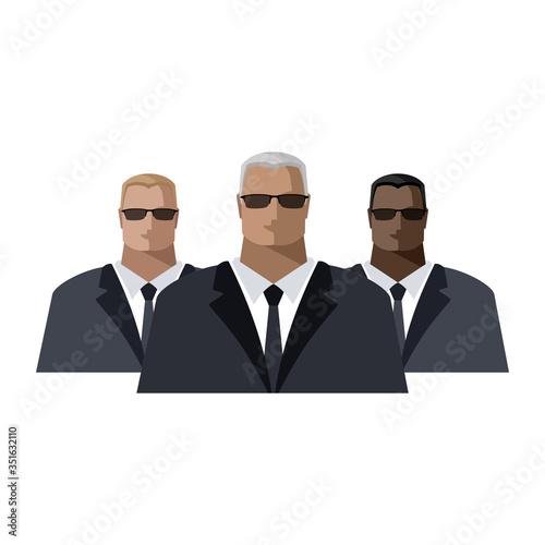 A man in a strict black suit, dark glasses and a tie of different races, skin and hair colors. Male avatar businessman, politician, employee, manager, security service, secret agent. Vector image