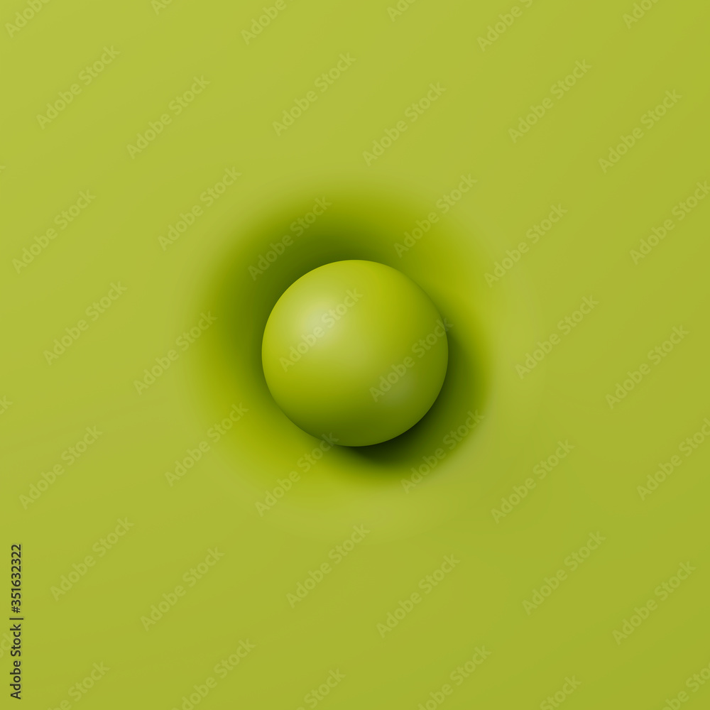 a green ball on a green canvas deforms the plane, 3D rendering