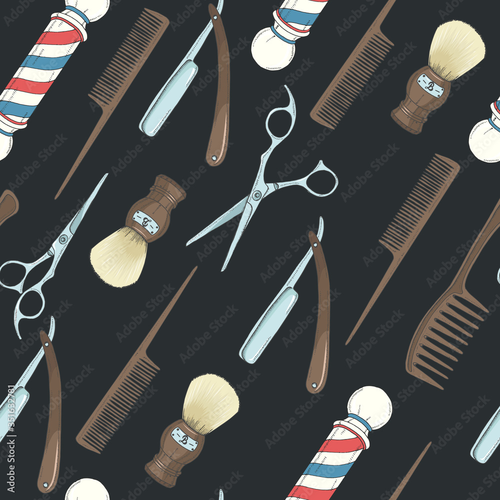 Barber Shop seamless pattern with Hand drawn razor, scissors, shaving ...