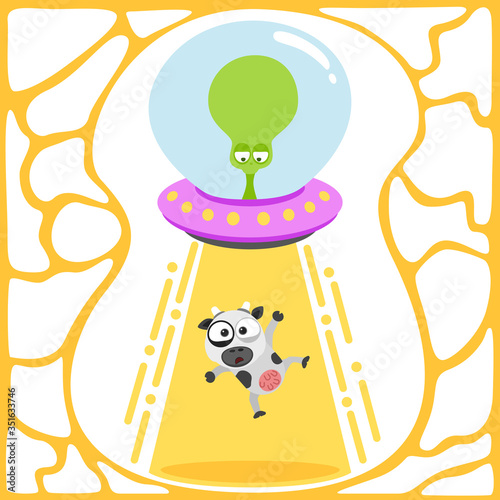 UFO abducts a cow cartoon design.Vector illustration of cartoon green alien abducts a cow design.
