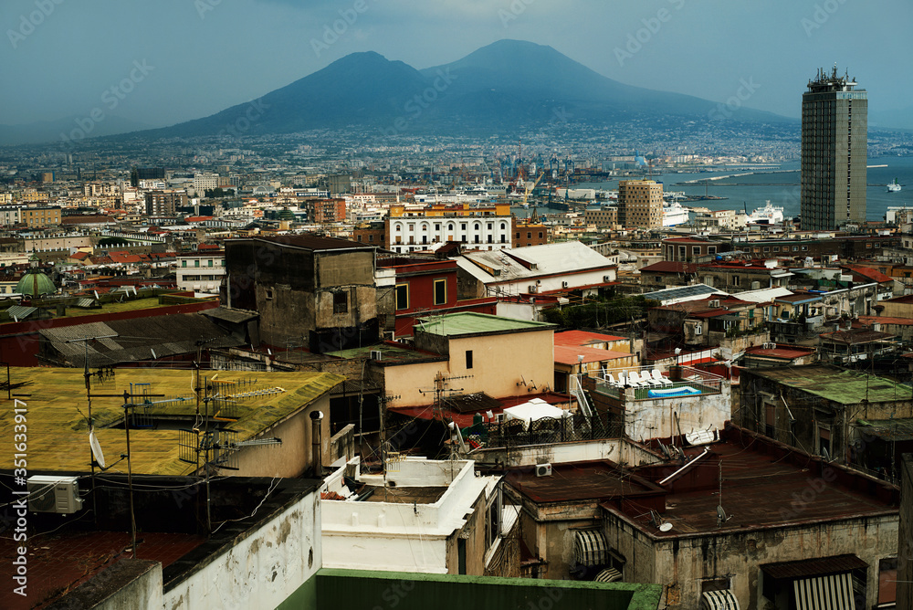 View of the city of Naples on the background of the volcano Vesuvius. Italy. 
