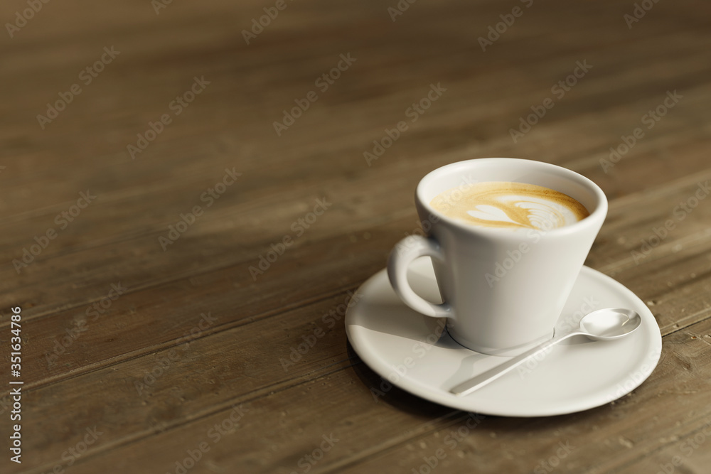 coffee with milk on a plate accompanied by a metal spoon on a rustic table coffee with milk on a plate accompanied by a metal spoon on a rustic table