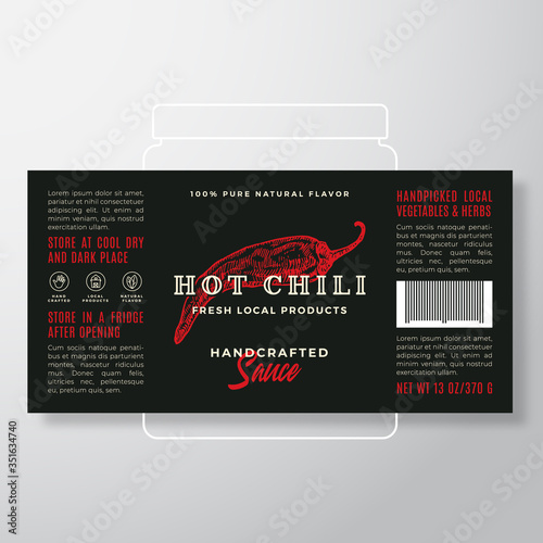 Handcrafted Vegetables and Herbs Sauce Label Template. Abstract Vector Packaging Design Layout. Modern Typography Banner with Hand Drawn Hot Chili Pepper Silhouette Background.