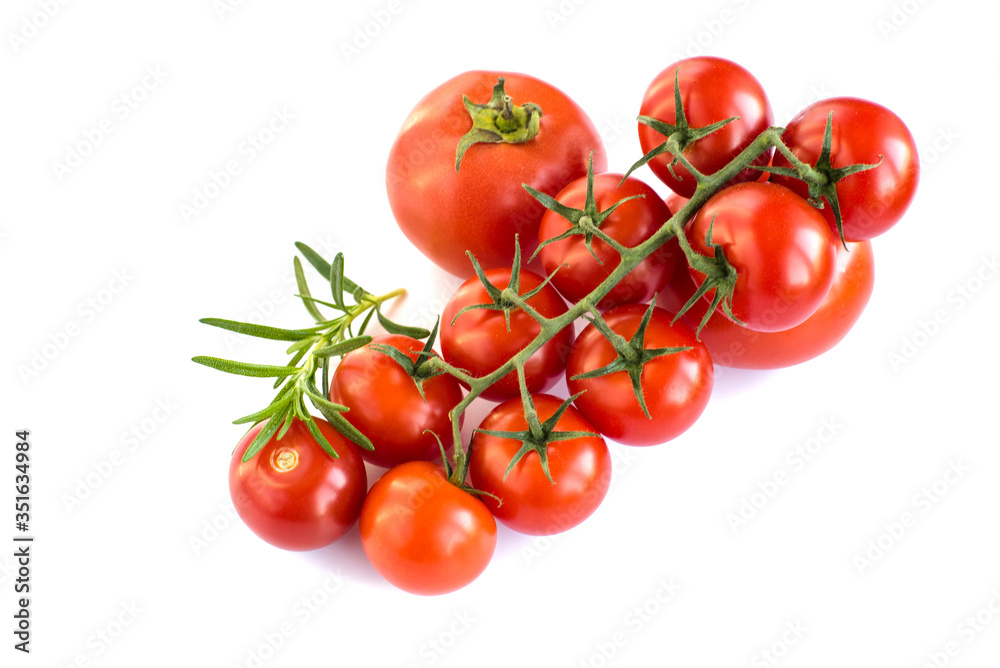 cherry tomatoes on a branch on a white background. red vegetables. vegetarian product. view from above.