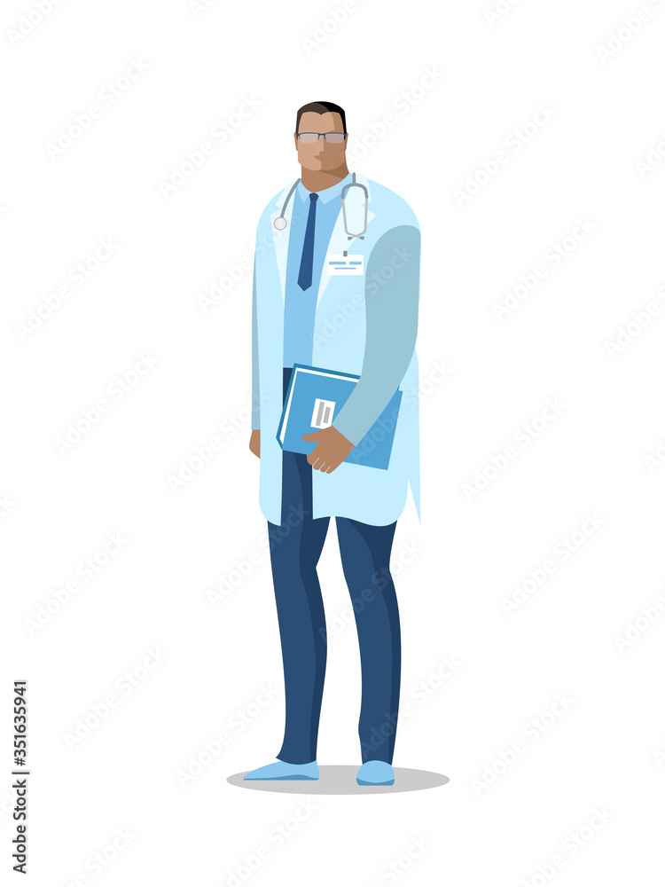 Doctor man. Vector image of a full-length doctor with a stethoscope in a white coat. Color isolated illustration, avatar in a flat style