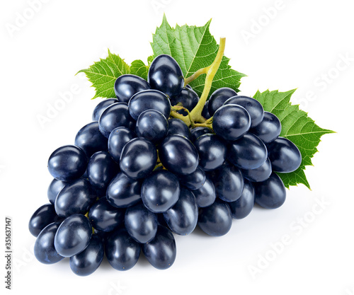 Black grape isolate. Black grape with leaves on white background. Blue grapes isolated on white. Full depth of field.